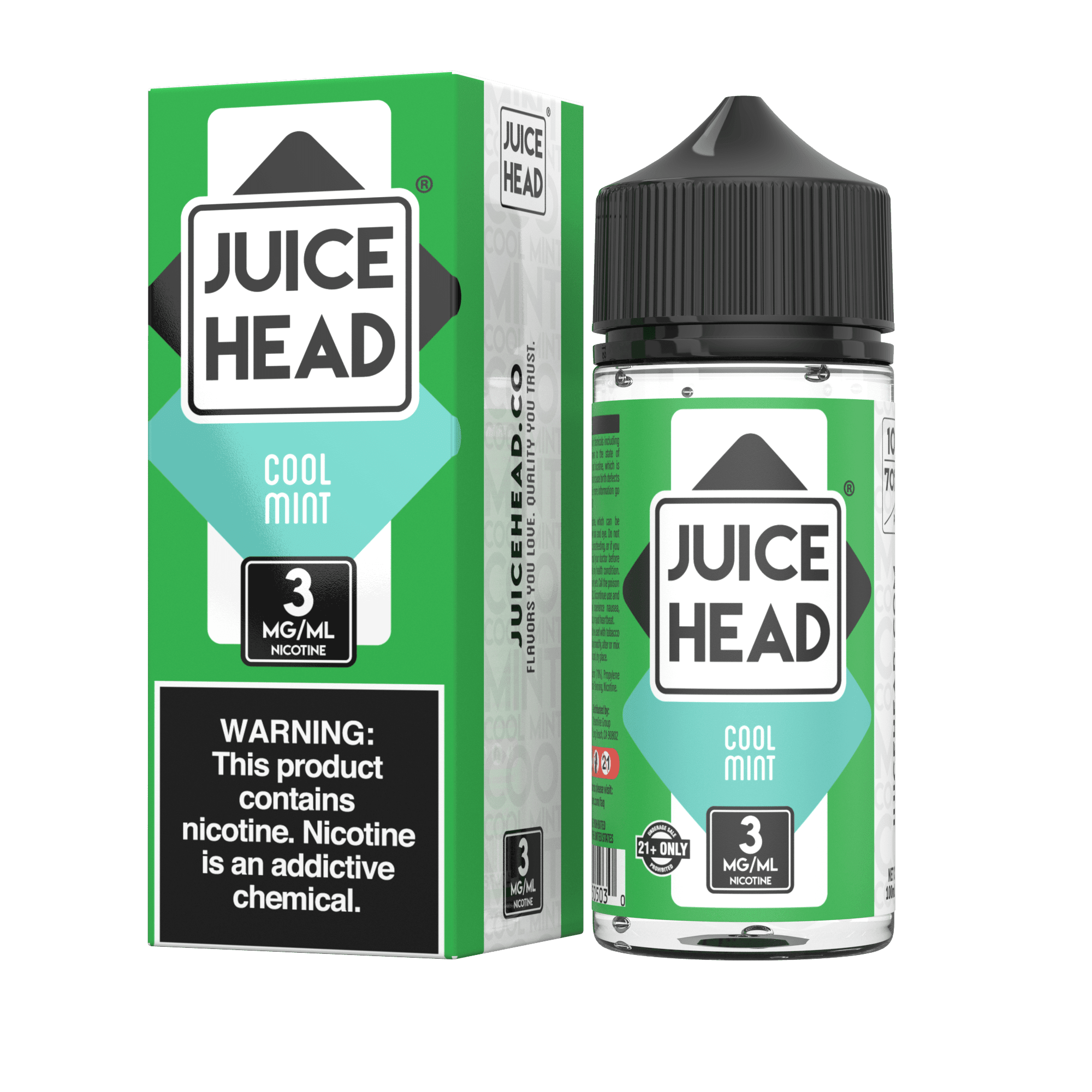Bottle of Juice Head Cool Mint E-liquid 100mL with mint-flavored vape juice label and mint leaves on the packaging