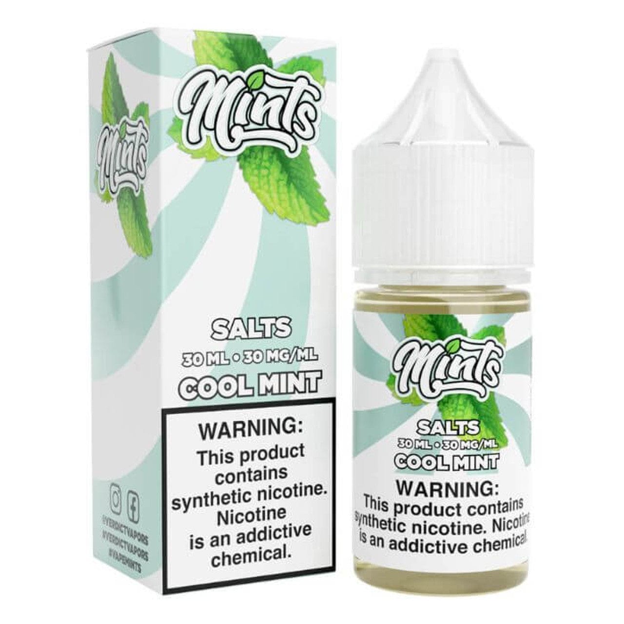 Cool Mint SALT e-liquid by Mints Vape Co. in a 30mL bottle, featuring a refreshing mint flavor with a cool, crisp appearance.