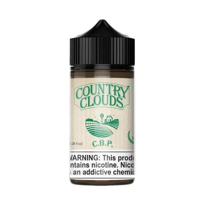 Country Clouds Cornbread Pudding e-liquid bottle, 100mL, with label showing rich, creamy cornbread pudding flavor.