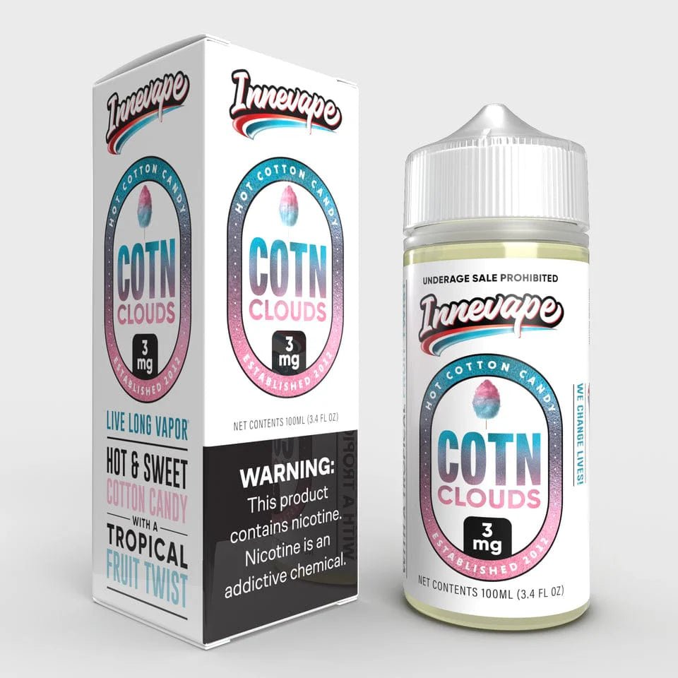 Cotn Clouds Innevape E-Liquid 100mL bottle with colorful label and dropper cap, designed for vaping enthusiasts.