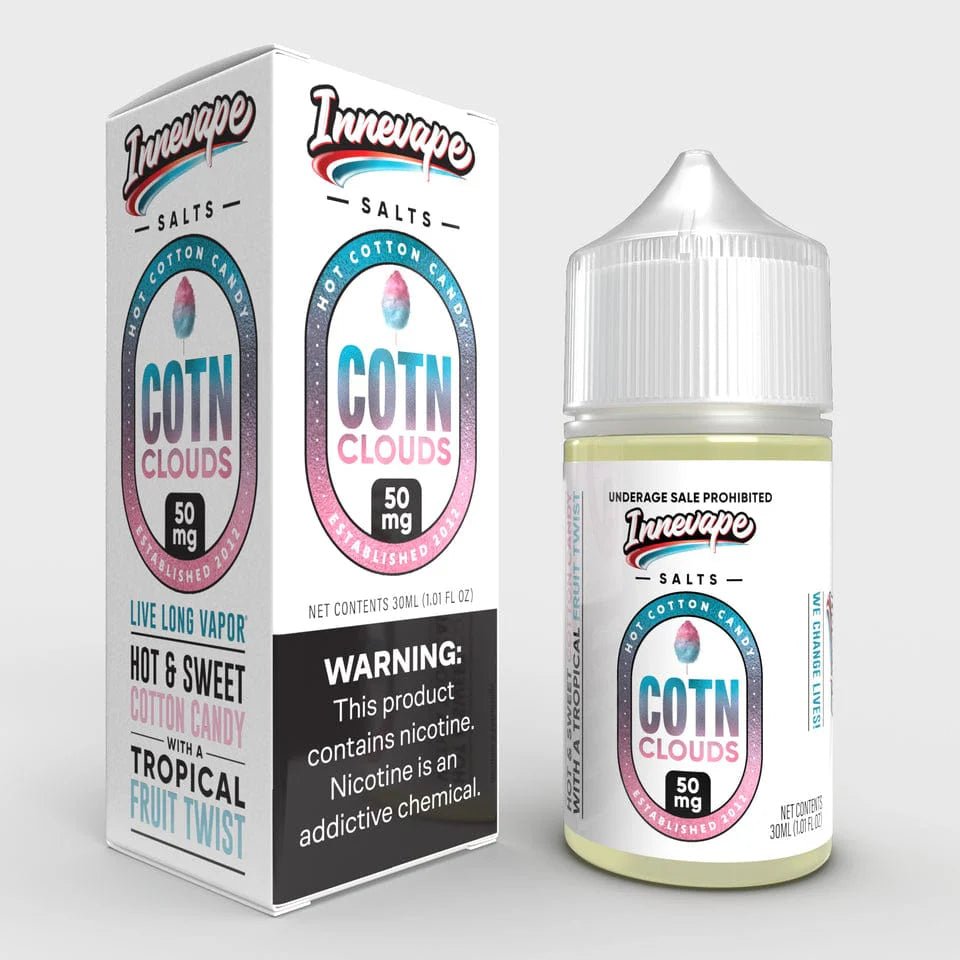 Innevape COTN Clouds SALT e-liquid bottle, 30mL, with colorful label showcasing flavor details and product branding.