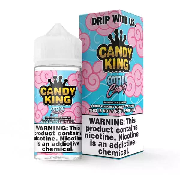 Bottle of Candy King Cotton Candy 100mL e-liquid with pink and blue cotton candy illustrations on the label.