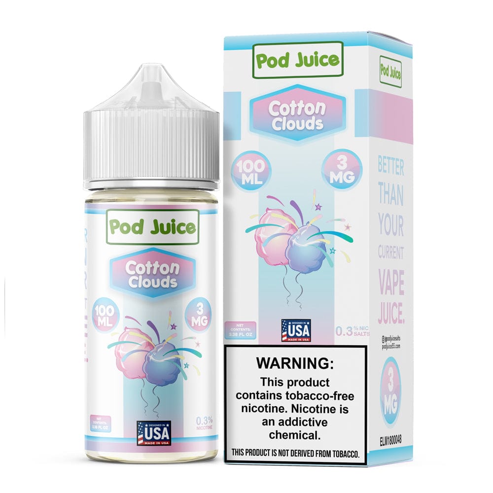 Cotton Clouds Pod Juice e-liquid 100mL bottle with cloud-themed label, smooth vaping flavor, and vibrant packaging design.