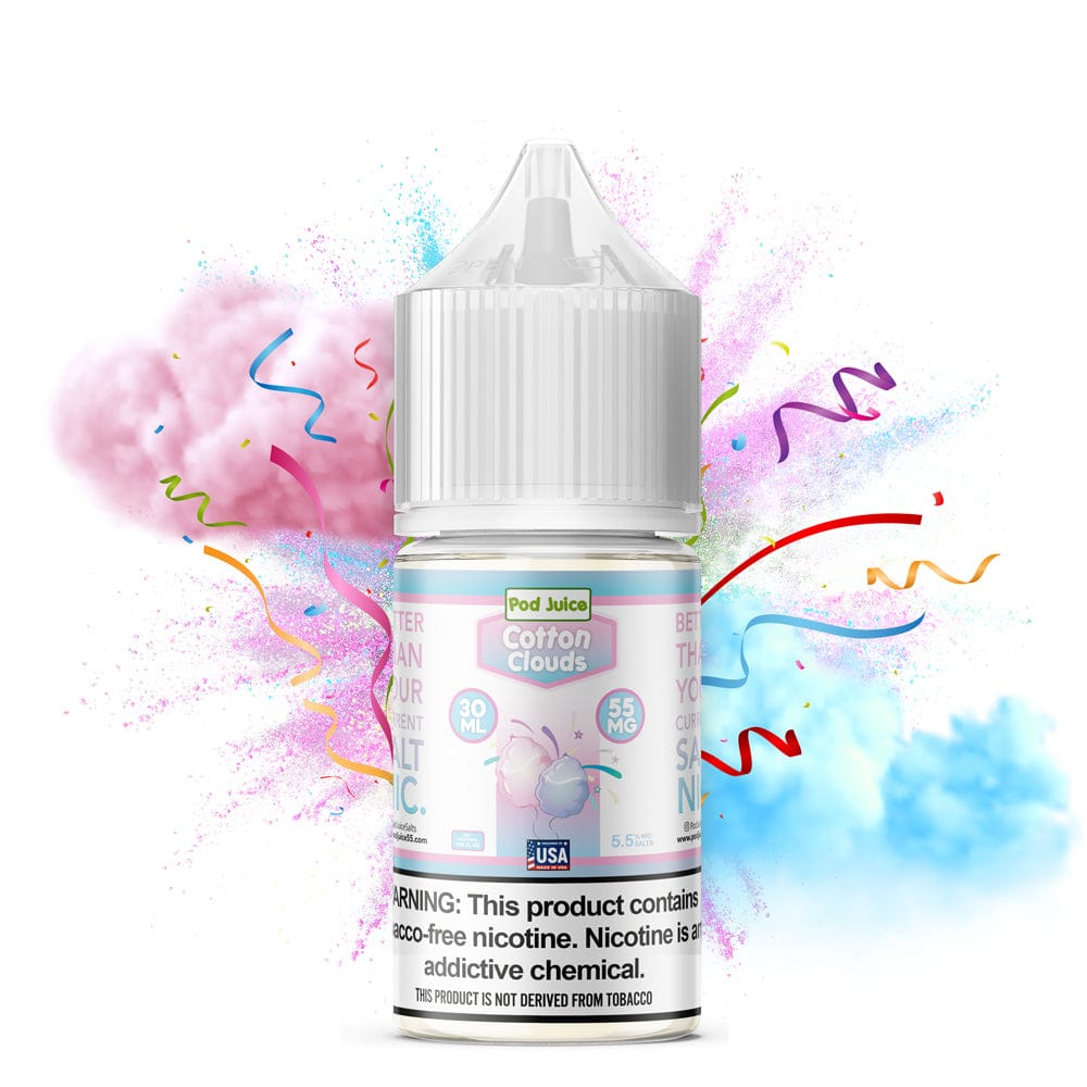 Cotton Clouds SALT e-liquid by Pod Juice in a 30mL bottle, featuring a smooth, cotton-inspired vape flavor.
