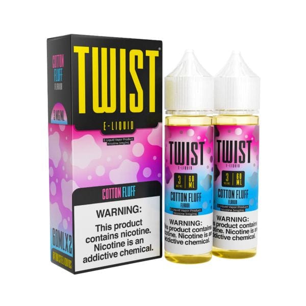 Bottle of Cotton Fluff Twist E-liquids 120mL vape juice with colorful label, showcasing the Twist E-liquids brand and product packaging.