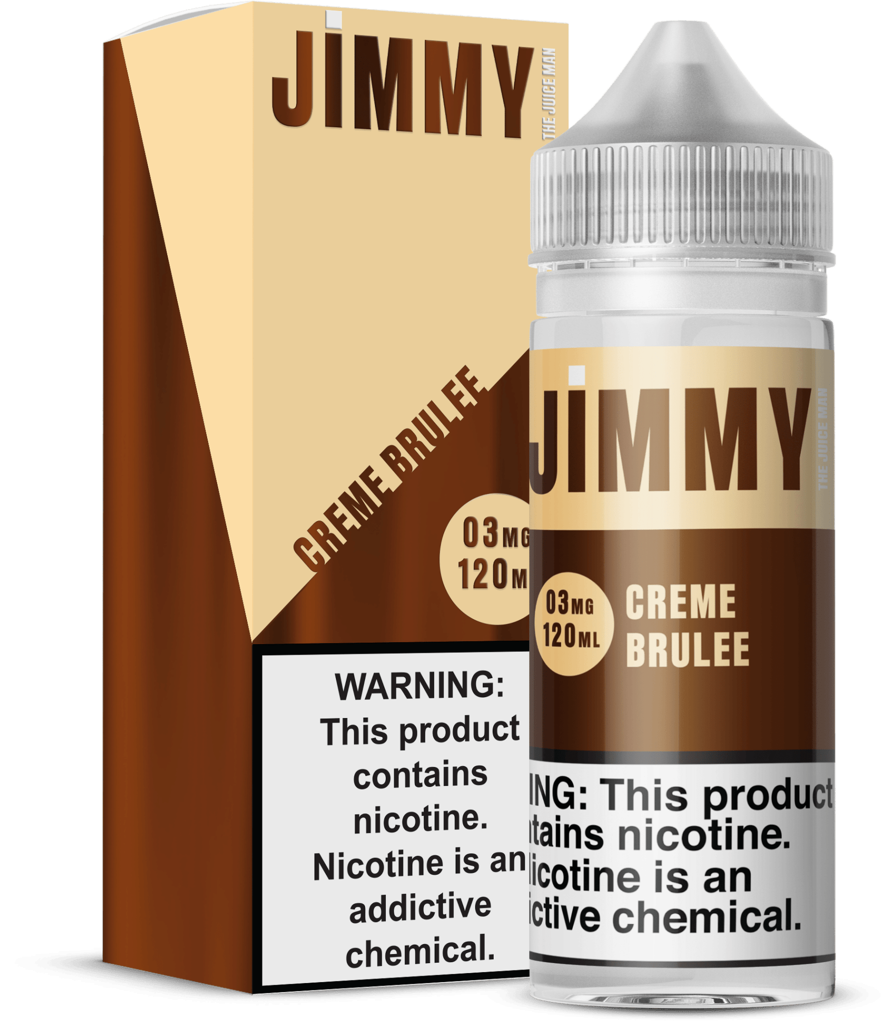 Jimmy The Juice Man Creme Brulee e-liquid in 120mL bottle, featuring rich vanilla and caramel flavors in a smooth vape.