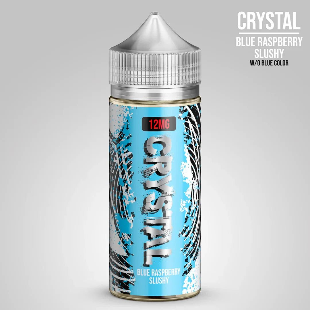 Vapergate Crystal Blue e-liquid bottle, 100mL, featuring blue and clear design with branding and safety cap.