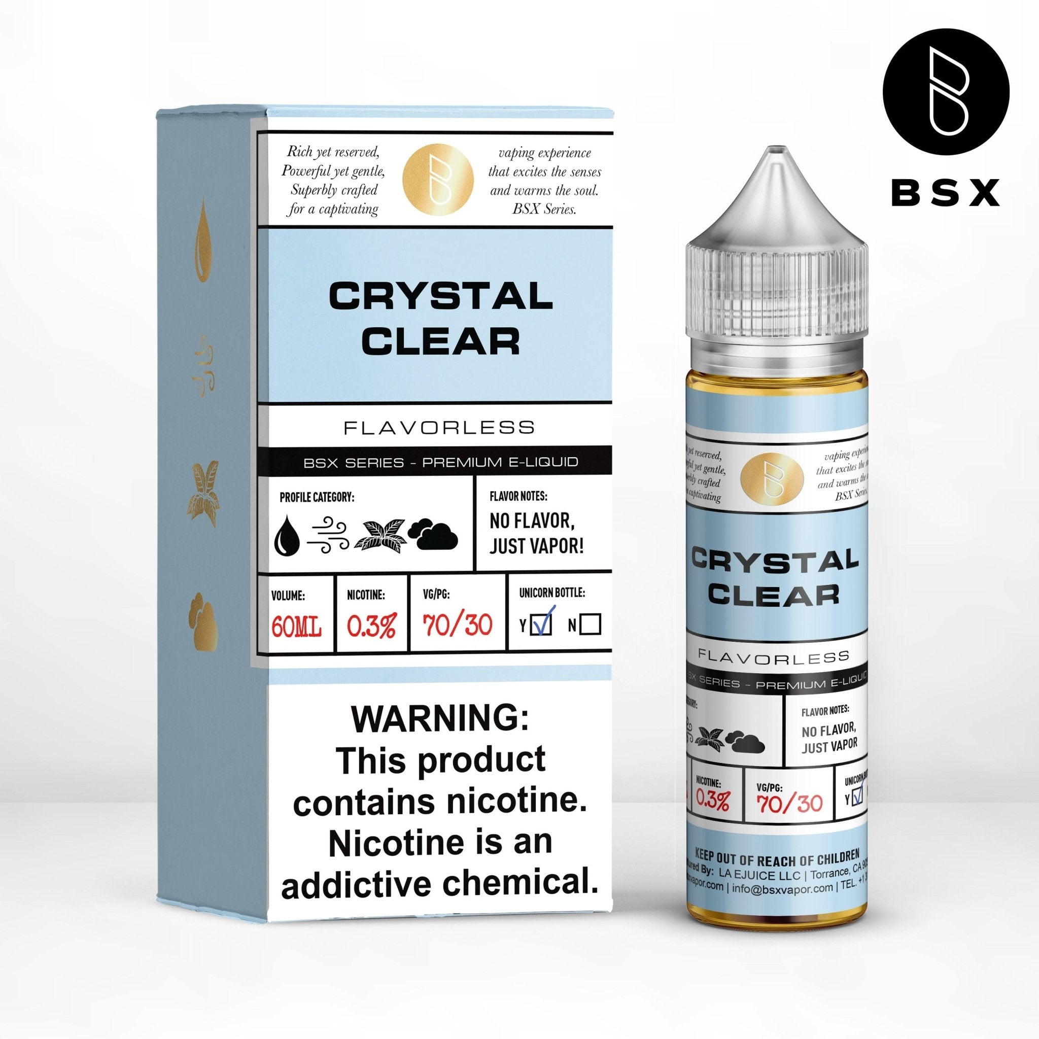 Crystal Clear BSX Series 60mL e-liquid bottle from BSX Vapor with a transparent design and vibrant label.