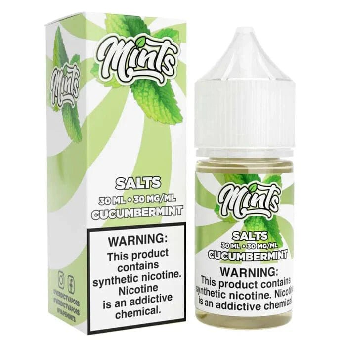 Cucumber Mint SALT e-liquid by Mints Vape Co. in a 30mL bottle, featuring fresh cucumber and cool mint flavor.