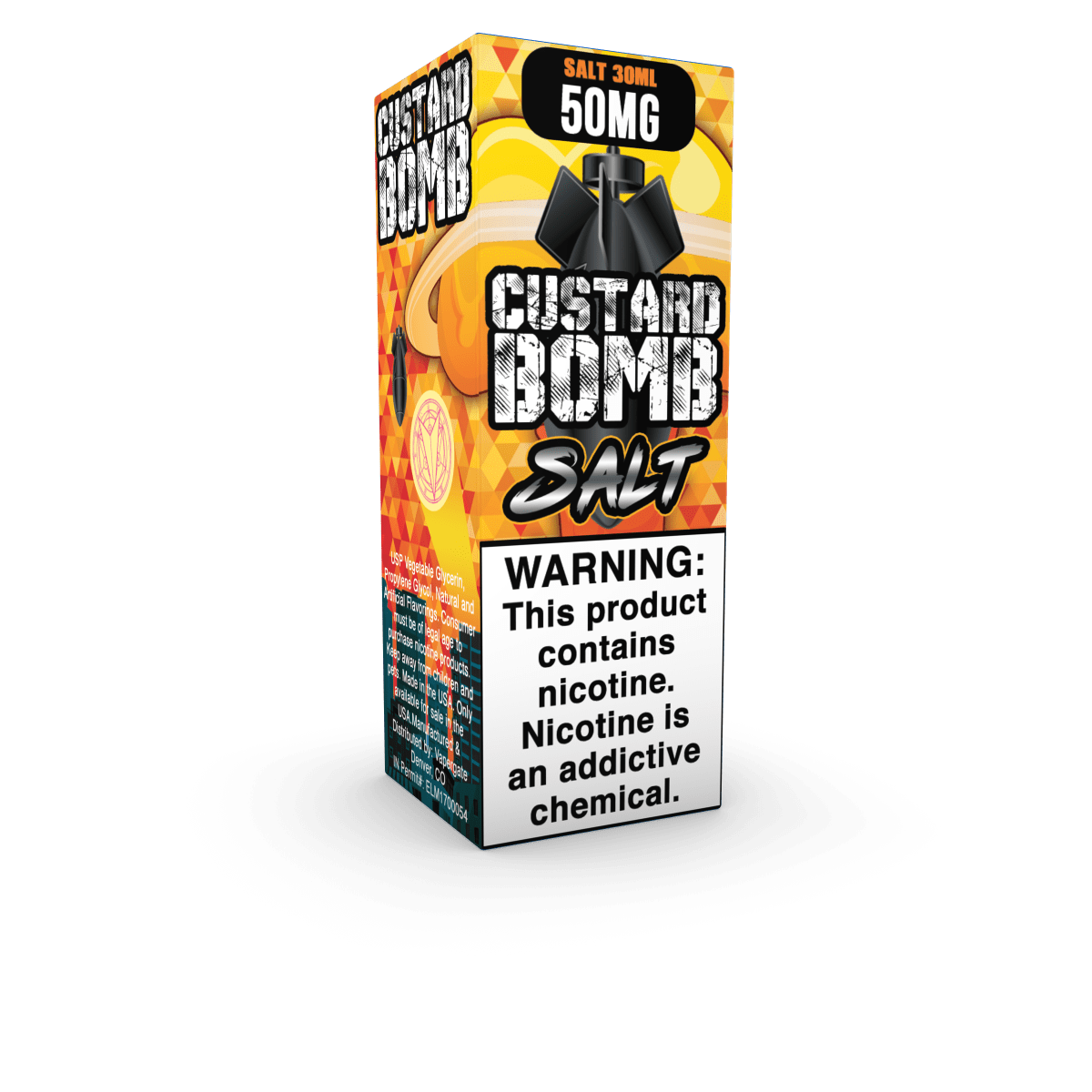 Vapergate Custard Bomb SALT e-liquid bottle, 30mL, with yellow and red label featuring custard flavor graphics.