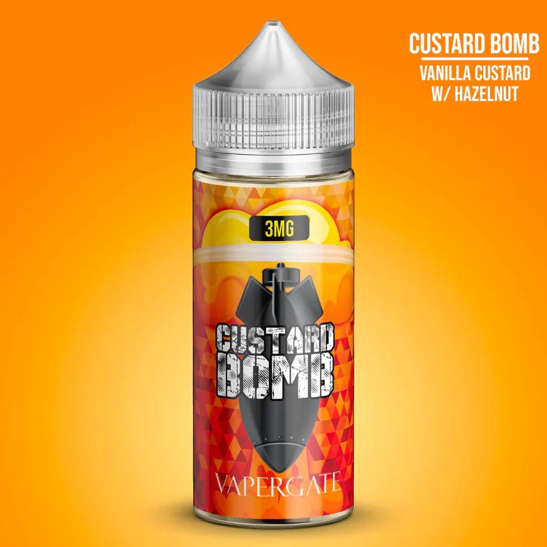 Vapergate Custard Bomb e-liquid bottle, 100mL, with a colorful label featuring custard dessert imagery and vibrant design.