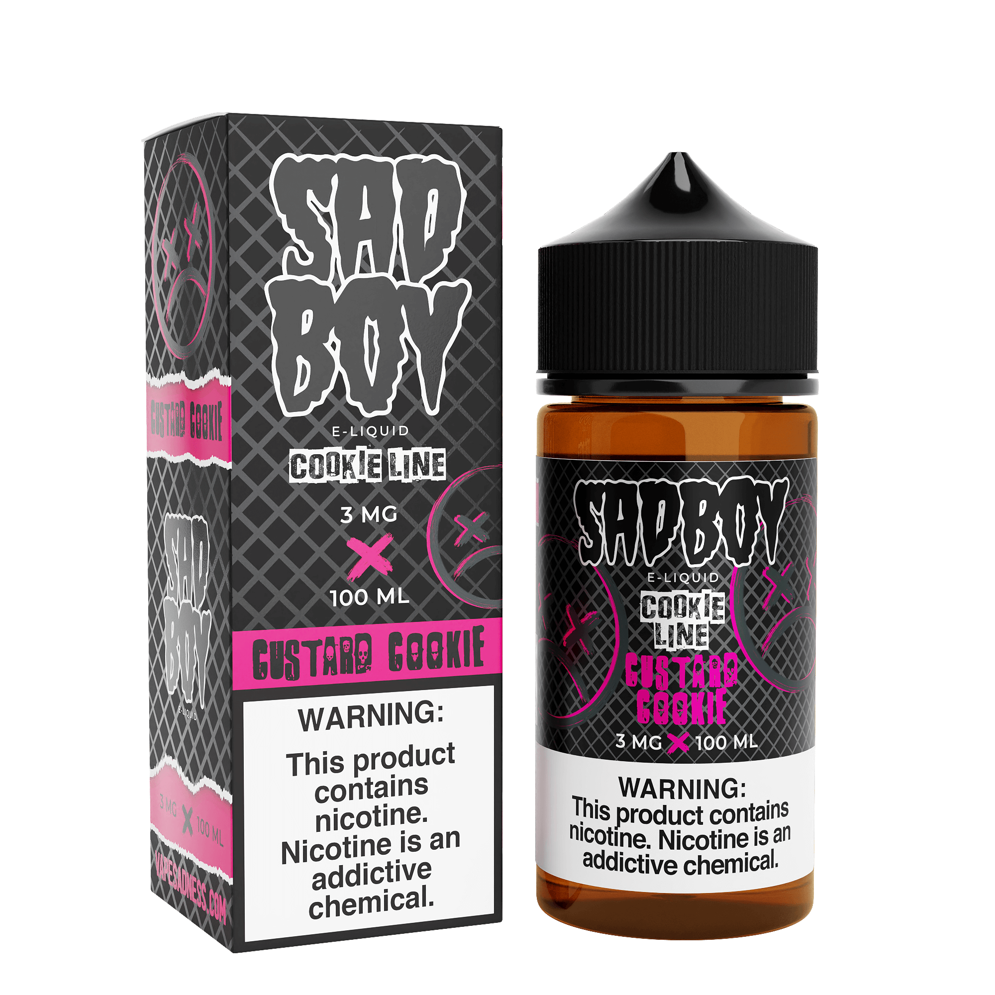 Bottle of Sadboy Custard Cookie e-liquid in 100mL bottle, featuring a colorful label with custard and cookie flavors.