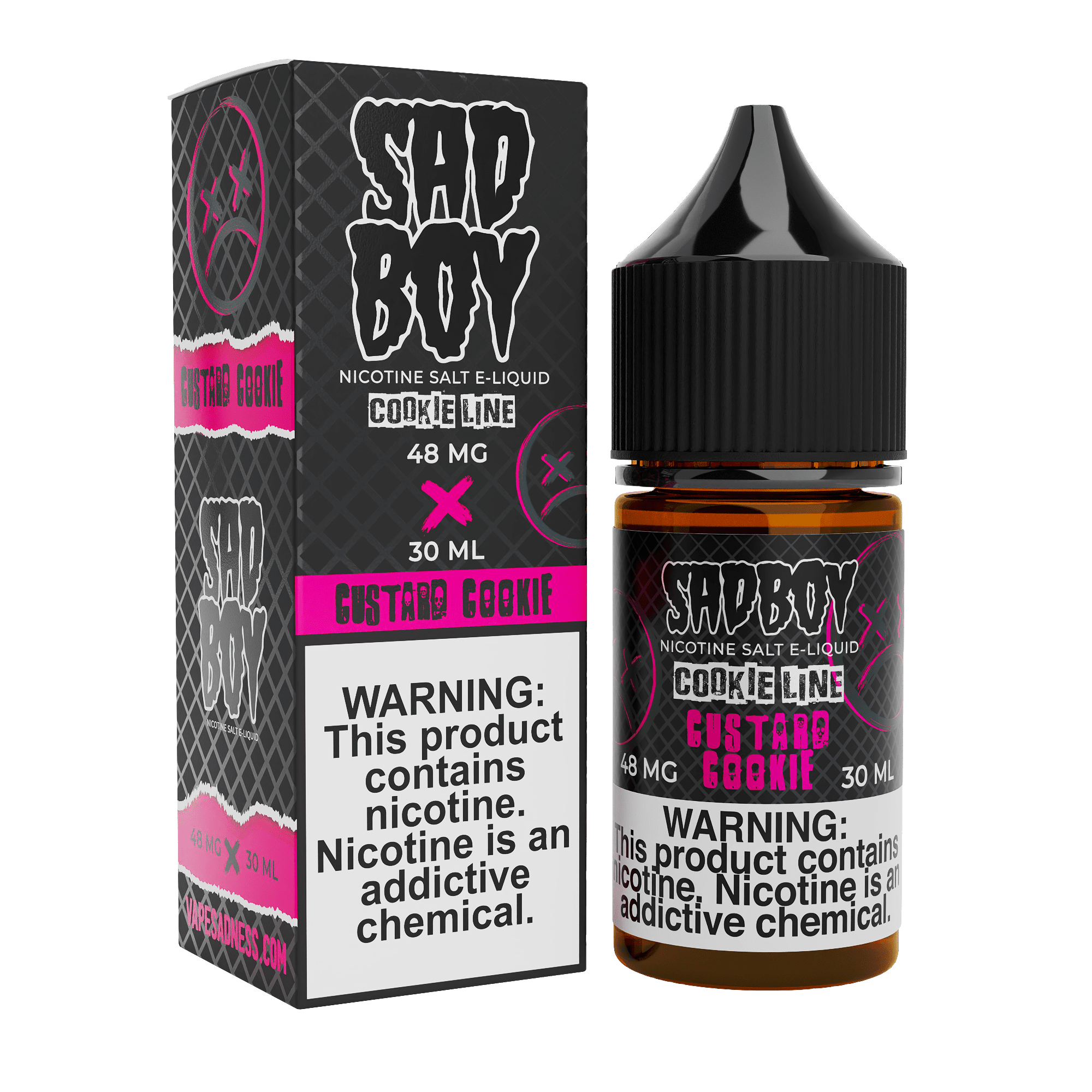 Sadboy Custard Cookie SALT e-liquid bottle, 30mL, featuring a creamy custard and cookie flavor in a sleek vape juice bottle.