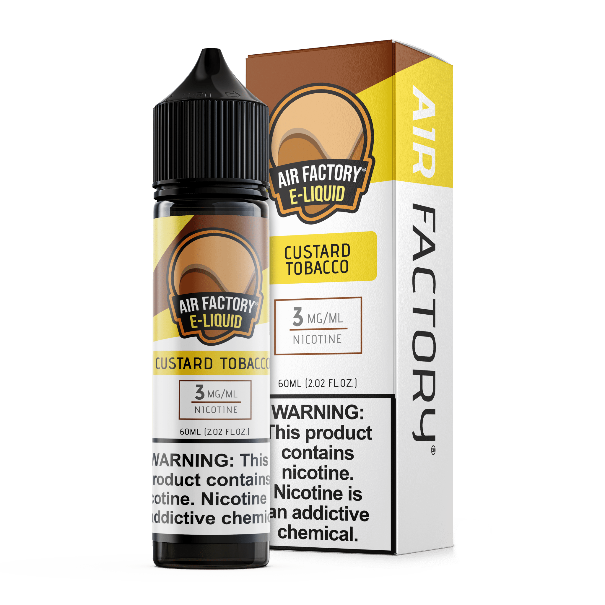 Creamy custard and rich tobacco flavor e-liquid by Air Factory in a 60mL bottle with smooth, bold vapor.