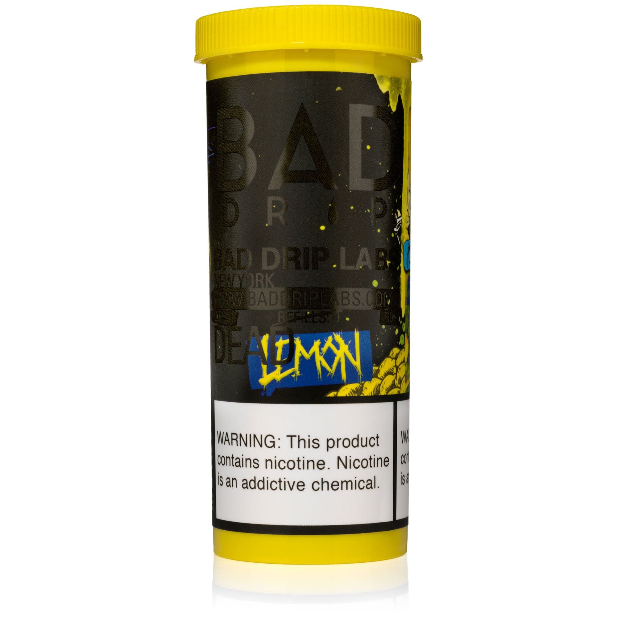Bottle of Dead Lemon e-liquid by Bad Drip Labs in a 60mL vape juice bottle with a colorful label.