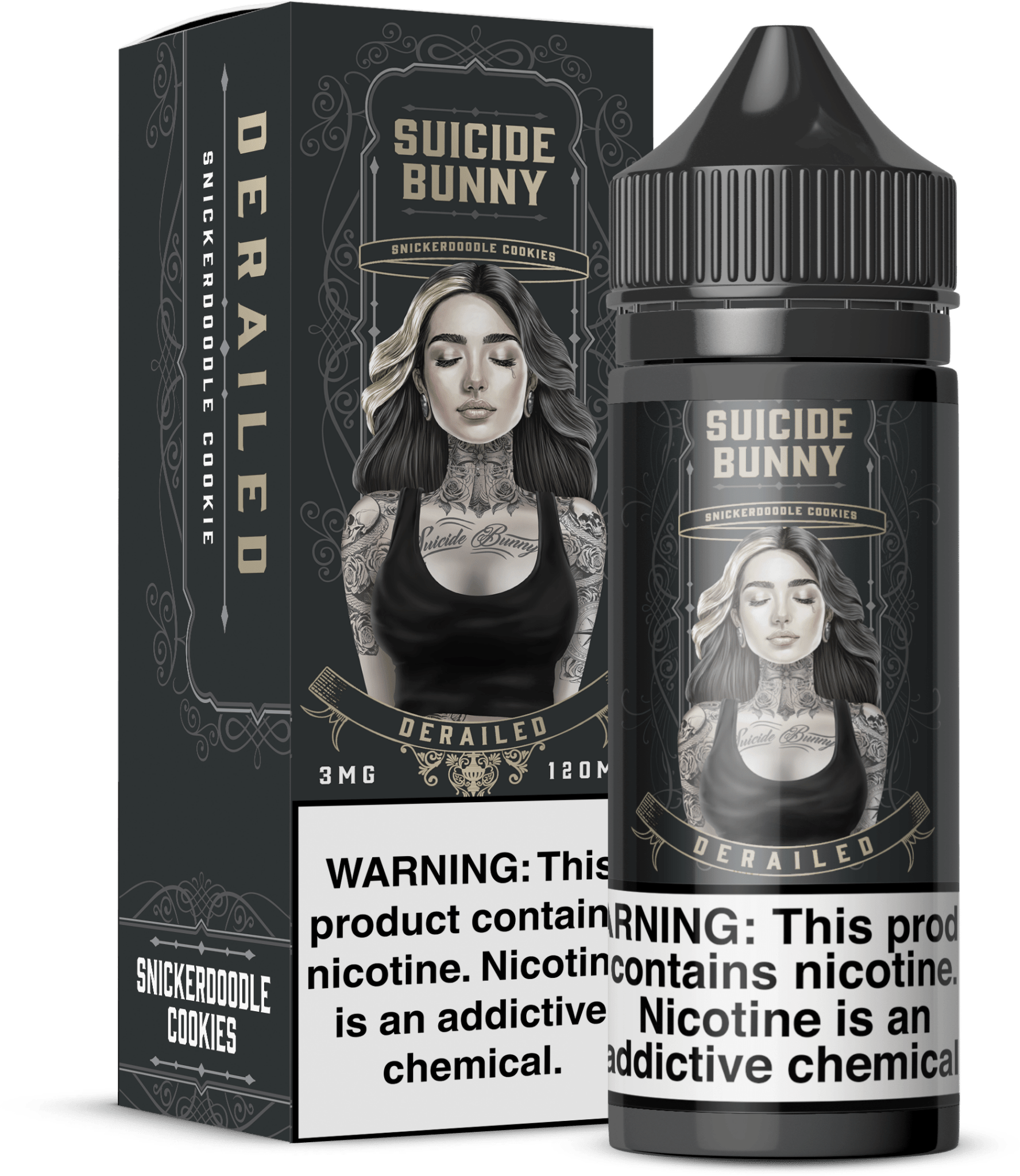 Derailed Suicide Bunny e-liquid 120mL bottle with colorful label featuring a stylized cartoon character and vibrant artwork.