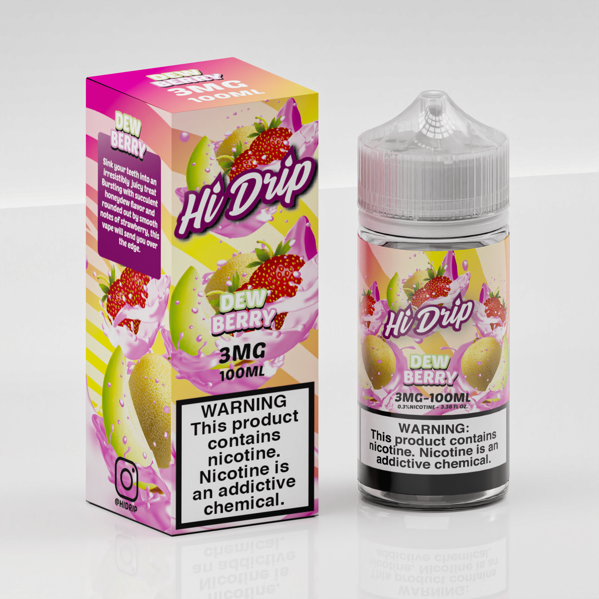 Dew Berry Hi Drip e-liquid 100mL bottle with colorful label featuring dew drops and berry illustrations.