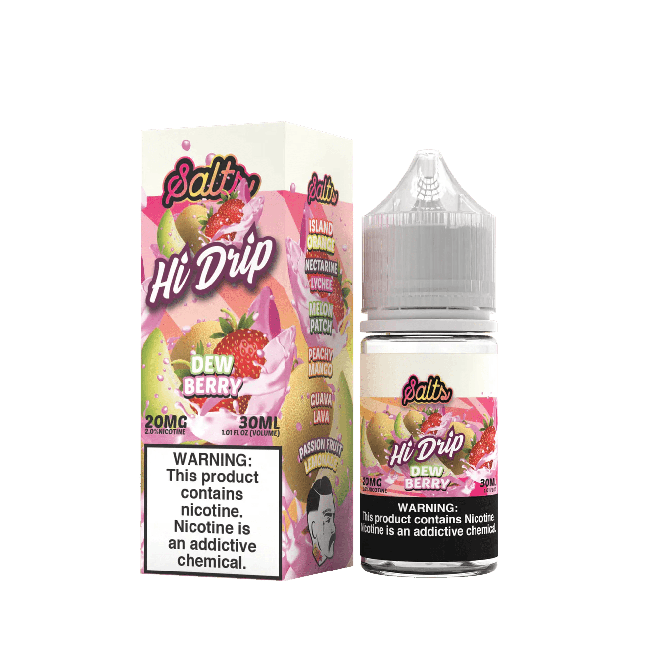 Dew Berry SALT Hi Drip e-liquid bottle, 30mL, with colorful label featuring dew berries and fruity flavor design.