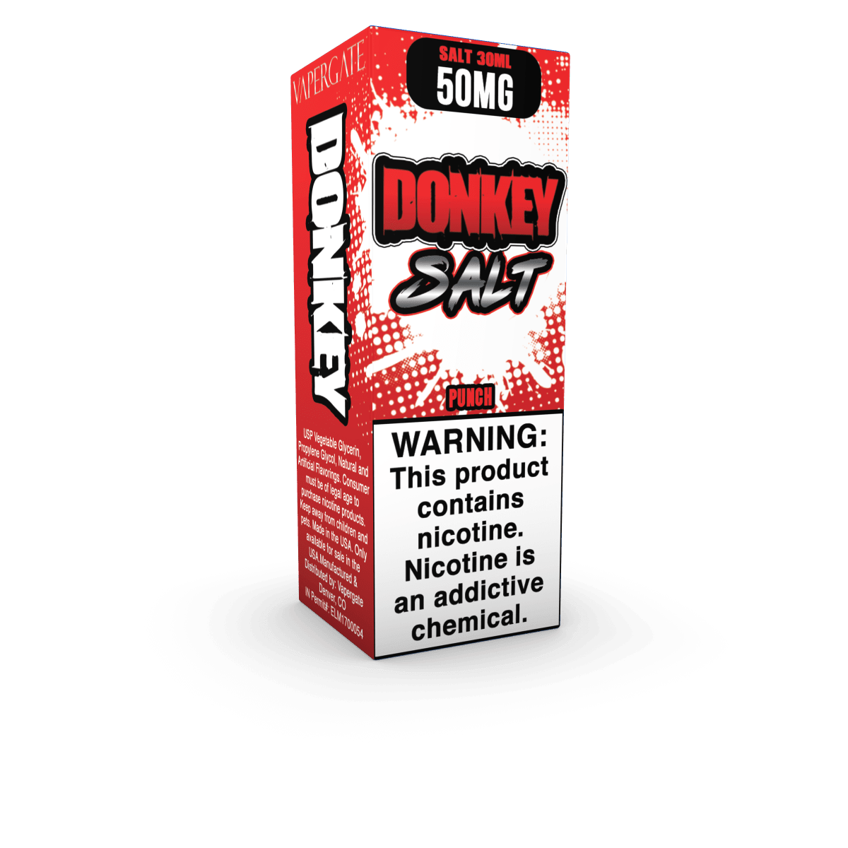 Vapergate Donkey SALT e-liquid bottle, 30mL, with label featuring a donkey illustration and product information.