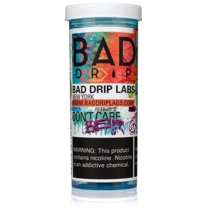Bad Drip Labs Don't Care Bare ICED OUT e-liquid 60mL bottle, featuring icy flavor and vibrant packaging design.