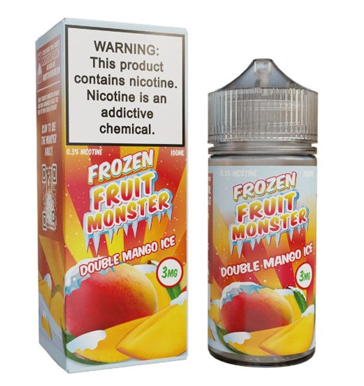 Double Mango ICE Fruit Monster e-liquid in 100mL bottle with vibrant mango and icy flavor imagery.