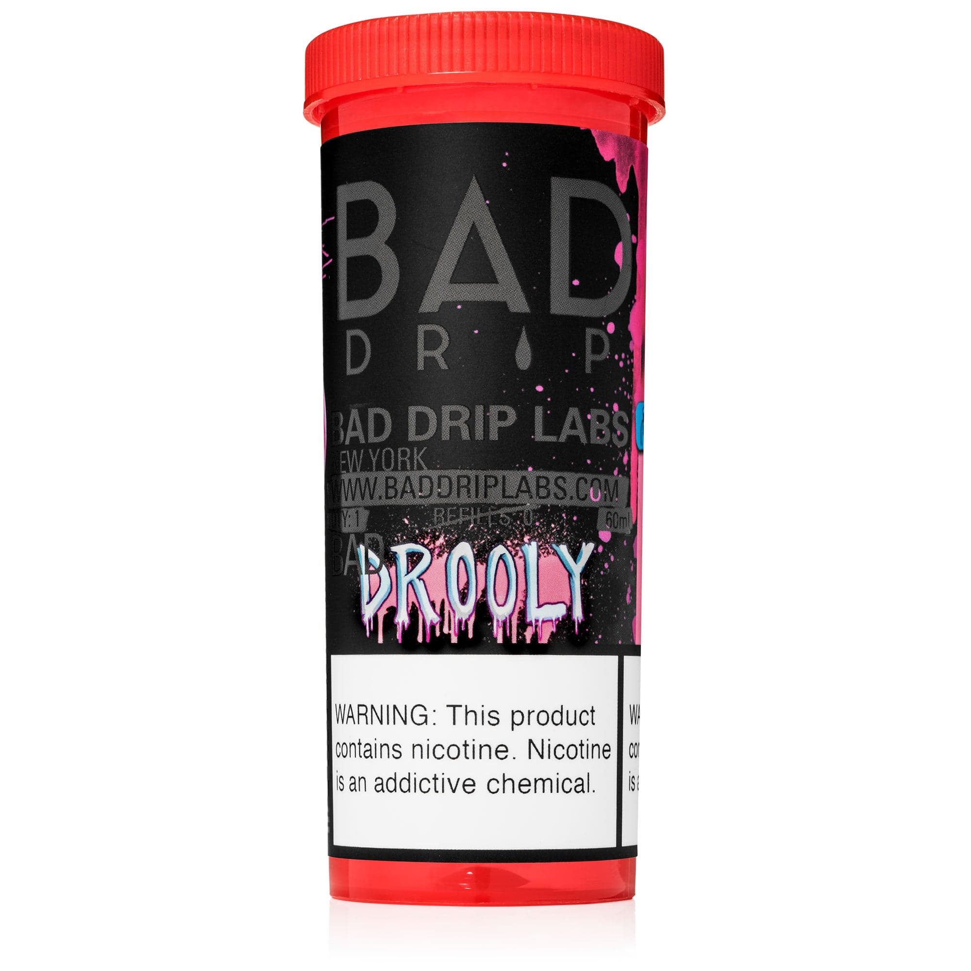 Bottle of Drooly Bad Drip Labs 60mL e-liquid with colorful label, designed for vaping enthusiasts.