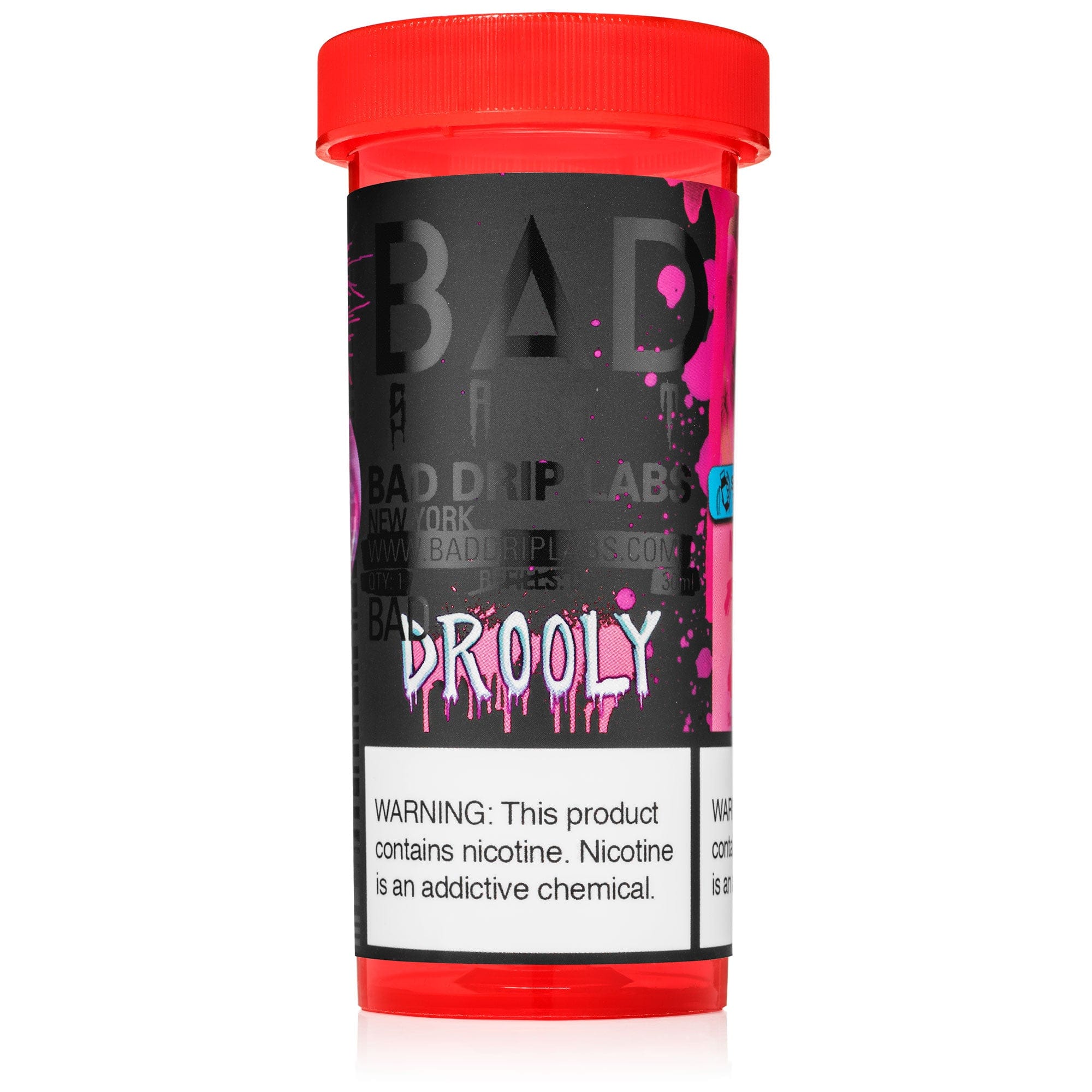 Bottle of Drooly SALT e-liquid by Bad Drip Labs in a 30mL bottle, featuring colorful label and dropper cap.
