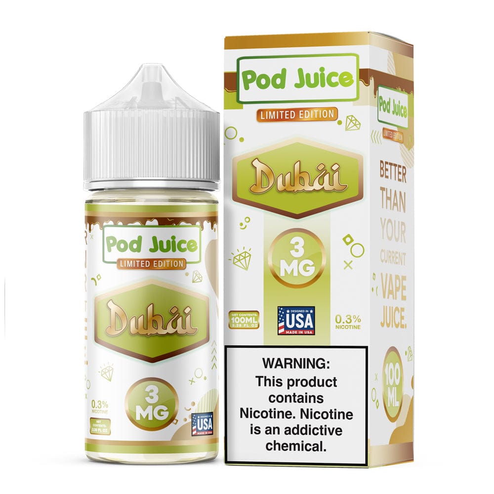 Dubai e-liquid by Pod Juice in a 100mL bottle, featuring vibrant packaging and branding for a flavorful vaping experience.
