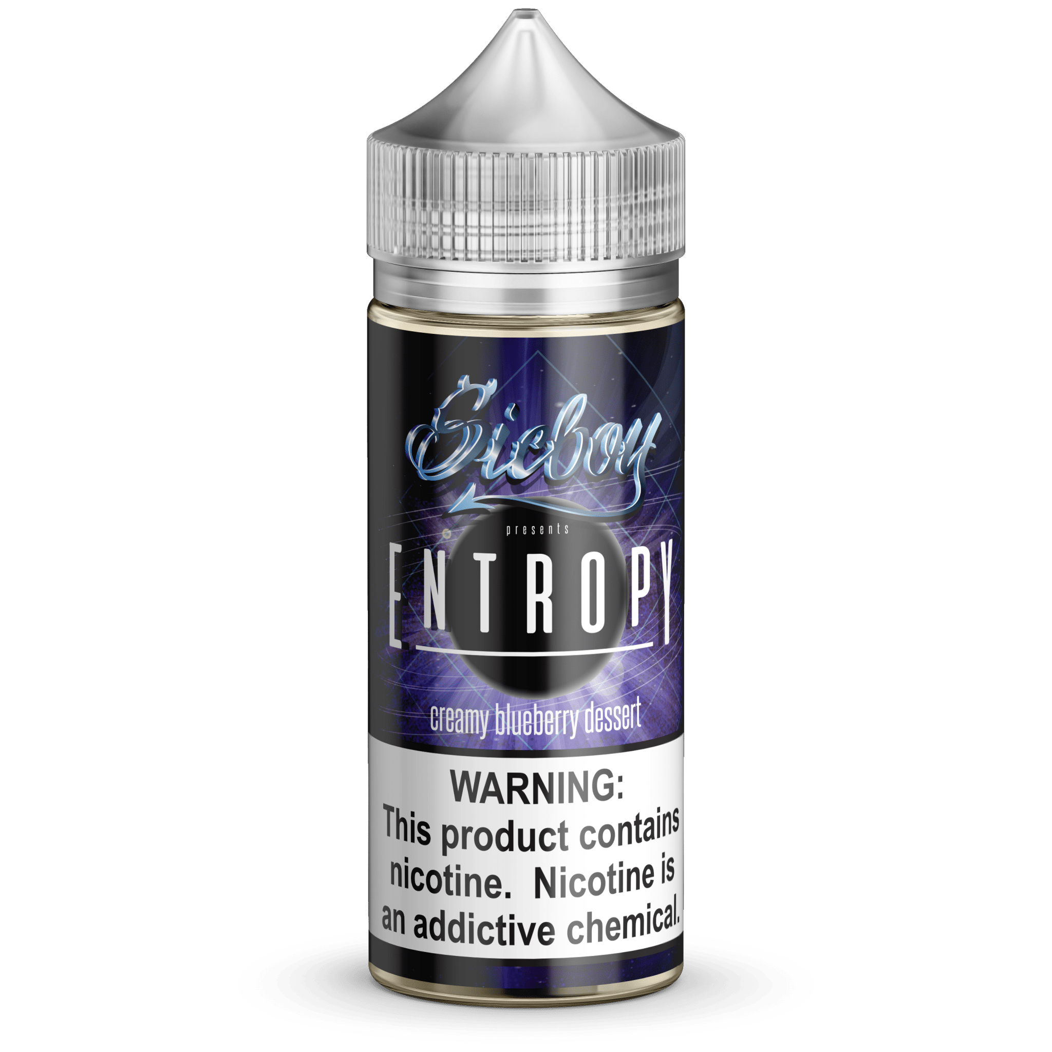 Sicboy Entropy 100mL e-liquid bottle with colorful label, designed for vaping, featuring bold graphics and branding.
