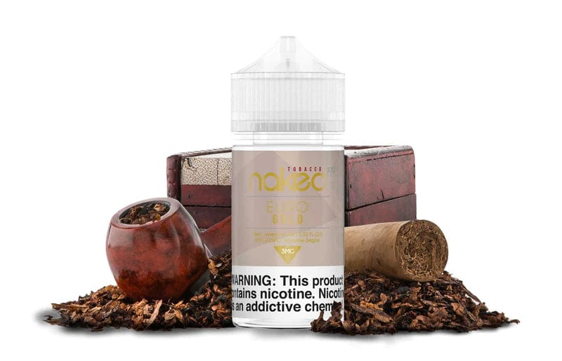 Euro Gold Naked 100 e-liquid bottle, 60mL size, with gold-colored label and transparent bottle showcasing the vape juice inside.