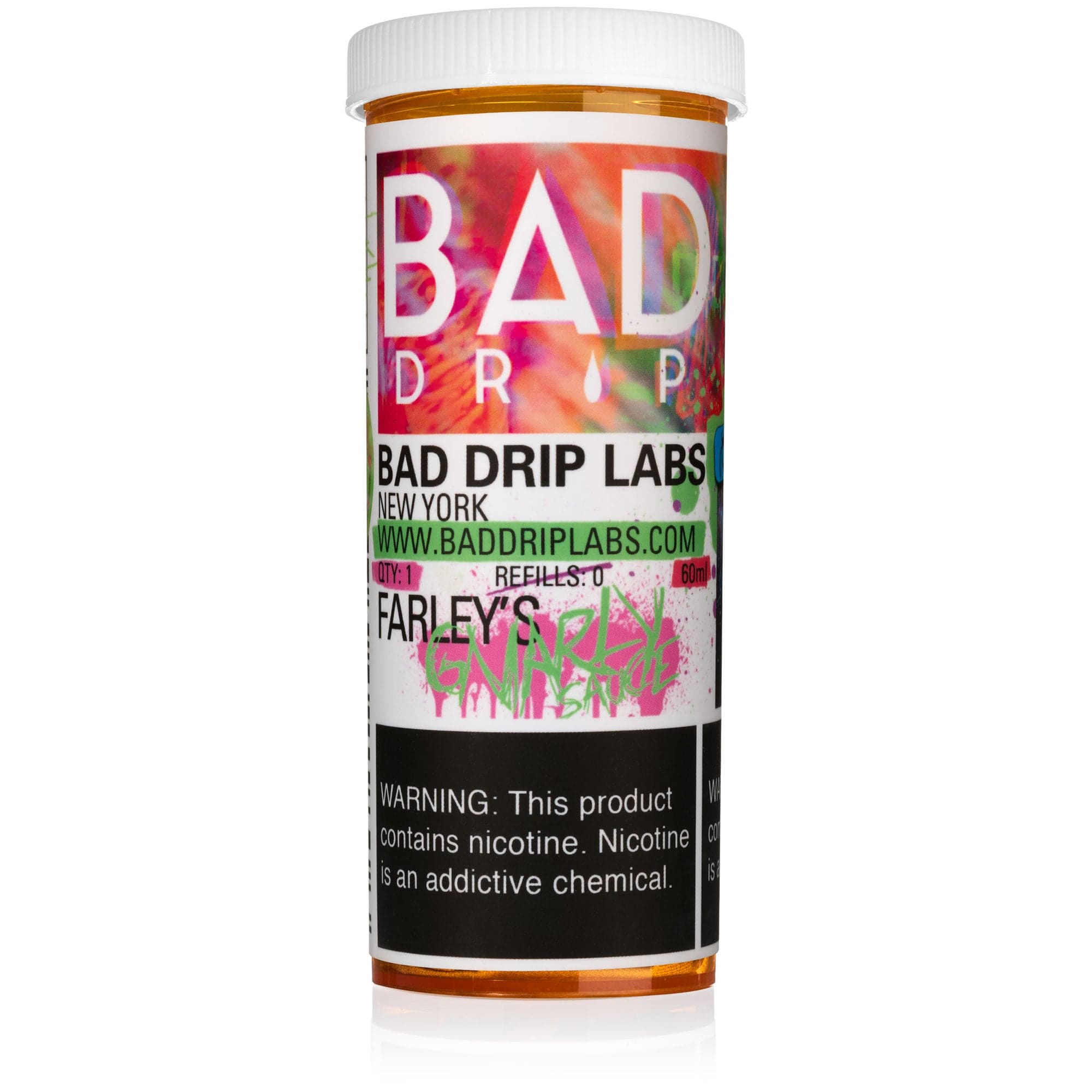 Farley's Gnarly Sauce e-liquid by Bad Drip Labs, 60mL bottle featuring vibrant packaging with flavor-themed graphics.