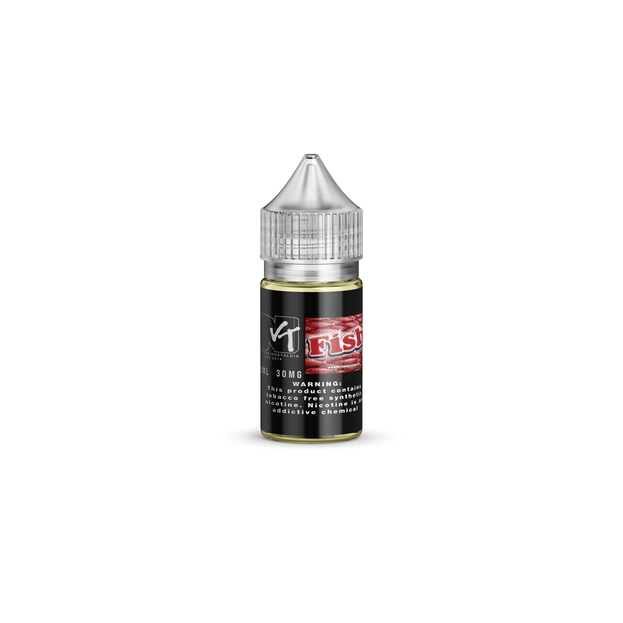 Bottle of Fish SALT Vape The Nostalgia e-liquid 30mL with colorful label featuring a fish illustration and ocean-inspired design.