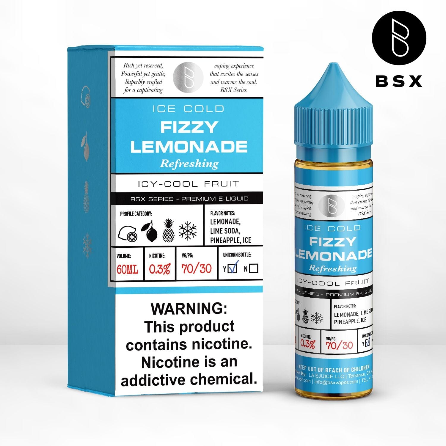 Bottle of BSX Vapor Fizzy Lemonade e-liquid in 60mL bottle, featuring a bright lemon and fizzy soda label.