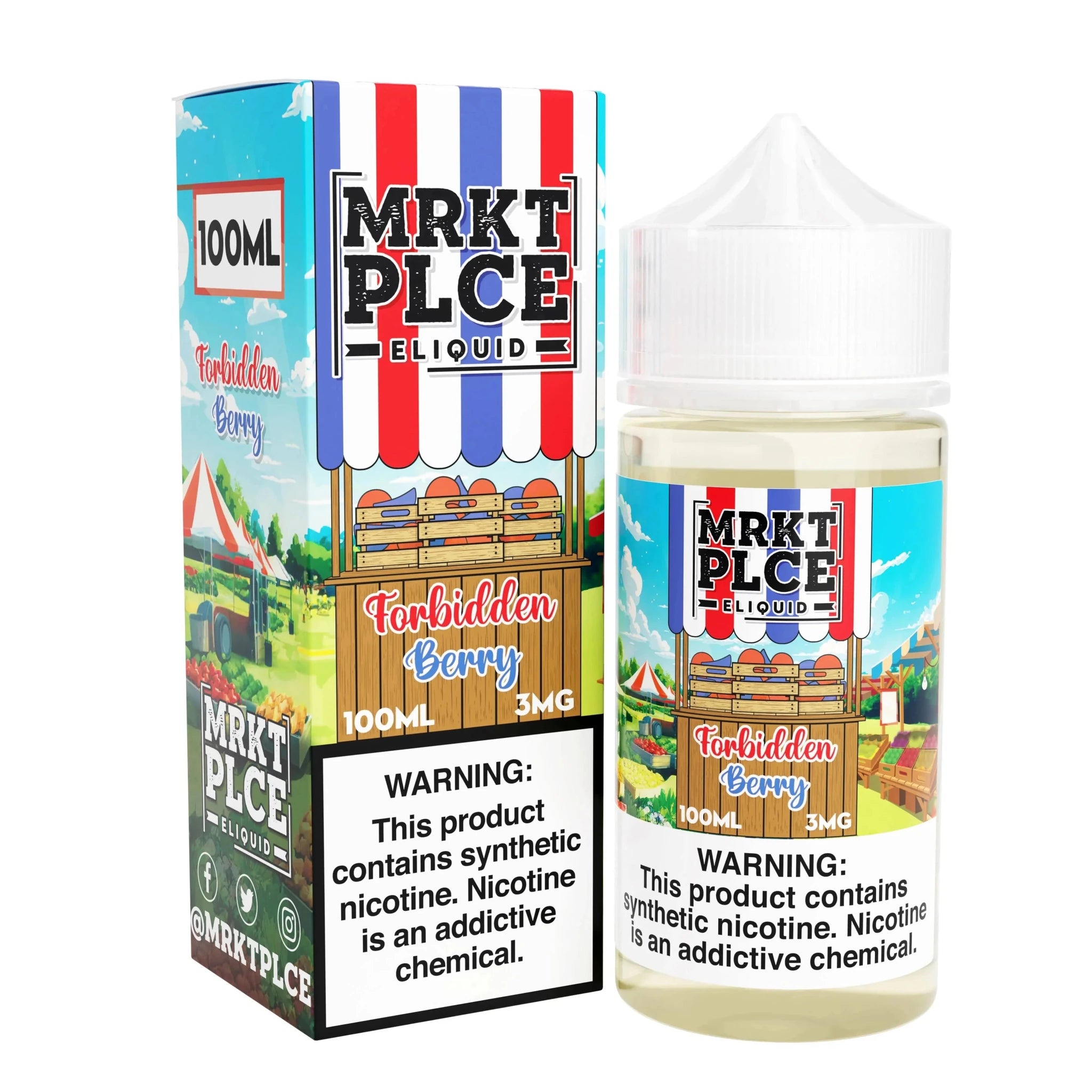 MRKT PLCE Forbidden Berry e-liquid 100mL bottle with vibrant berry flavor and colorful label.