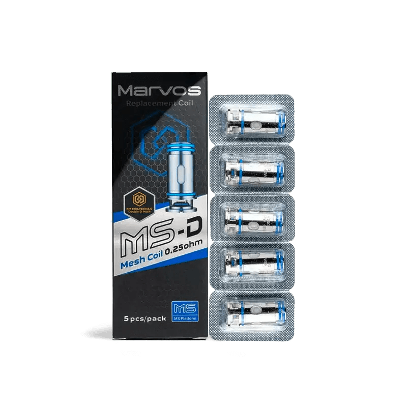FreeMax Marvos MS-D replacement coils for vape devices, showing a pack of compatible vape coils with branding and packaging details.