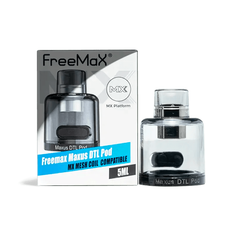 FreeMax Maxus DTL replacement pod for electronic vaping device, featuring clear construction and adjustable airflow system.
