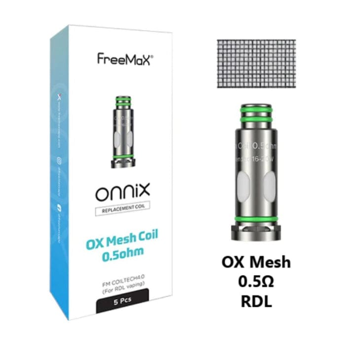 FreeMax Onnix OX Series replacement coils for vape, featuring multiple coils in a clear container with packaging.