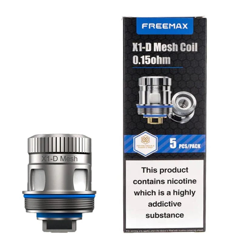 FreeMax X1-D Mesh replacement coils for vape devices, showing cylindrical coil with mesh heating element inside.