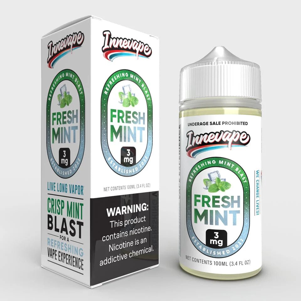 Fresh mint Innevape E-Liquid 100mL bottle with vibrant mint leaves and clear liquid, perfect for vaping.