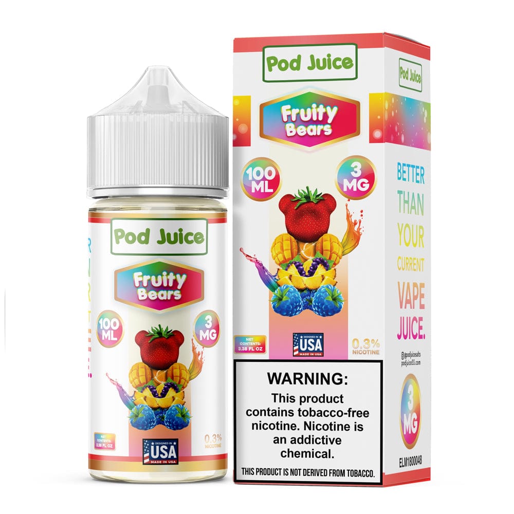 Fruity Bears Pod Juice e-liquid bottle, 100mL, with colorful bear-shaped fruit flavor design on the label