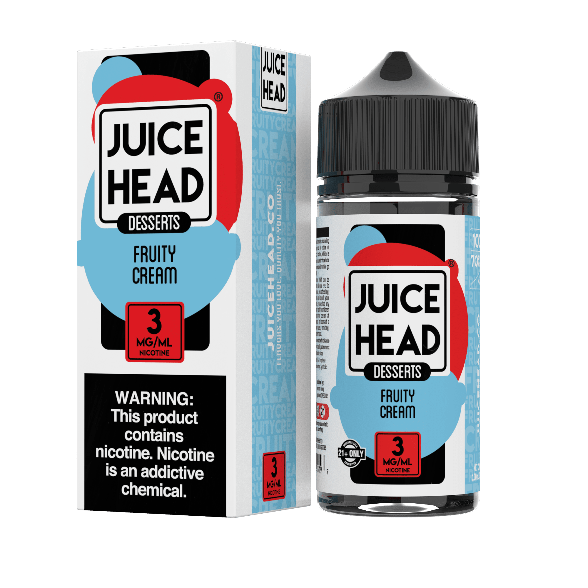 Juice Head Fruity Cream e-liquid bottle, 100mL, with colorful label featuring fruity and creamy flavor illustrations.