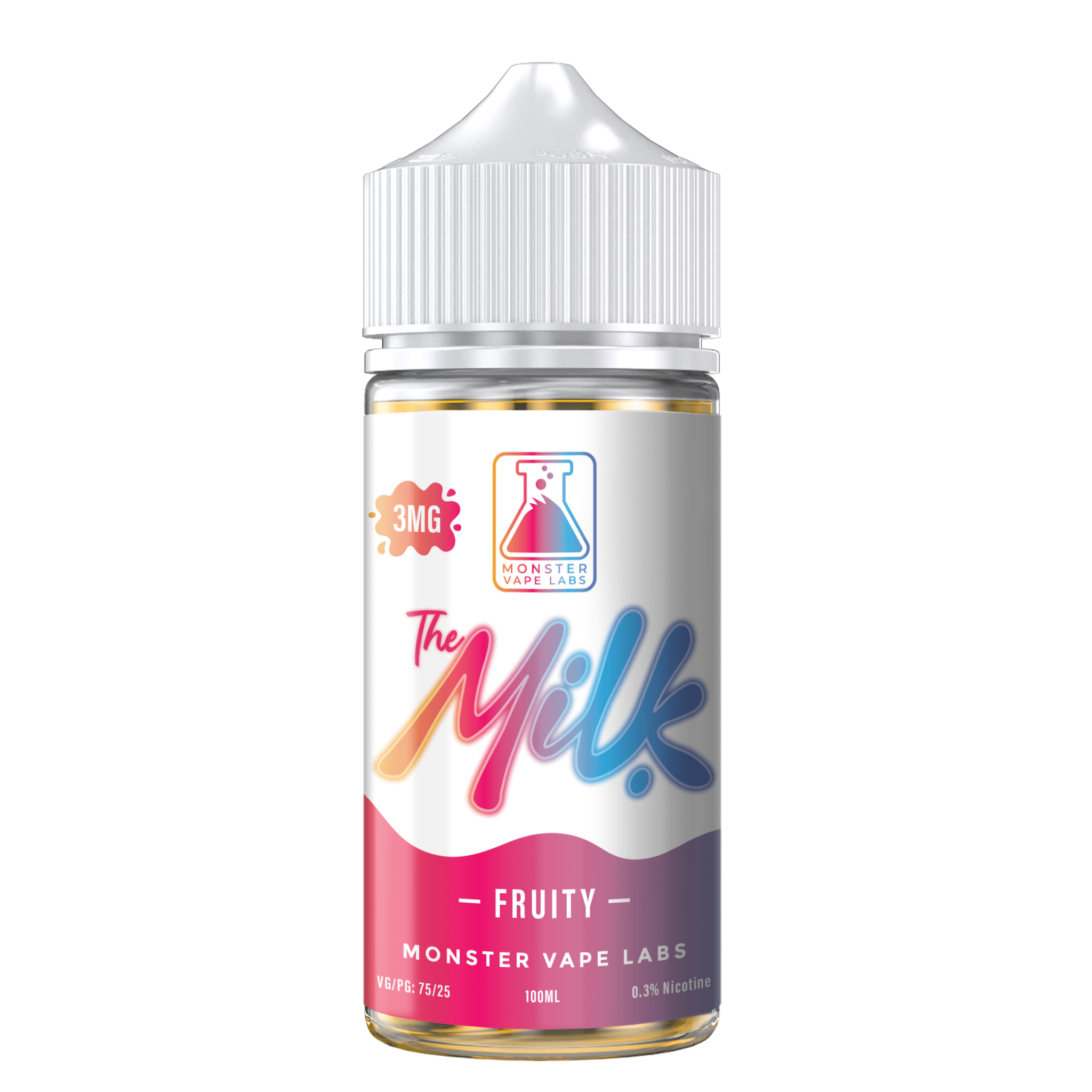 Fruity The Milk E-Liquid 100mL bottle with colorful packaging and a fruit-themed label, designed for vaping enjoyment.