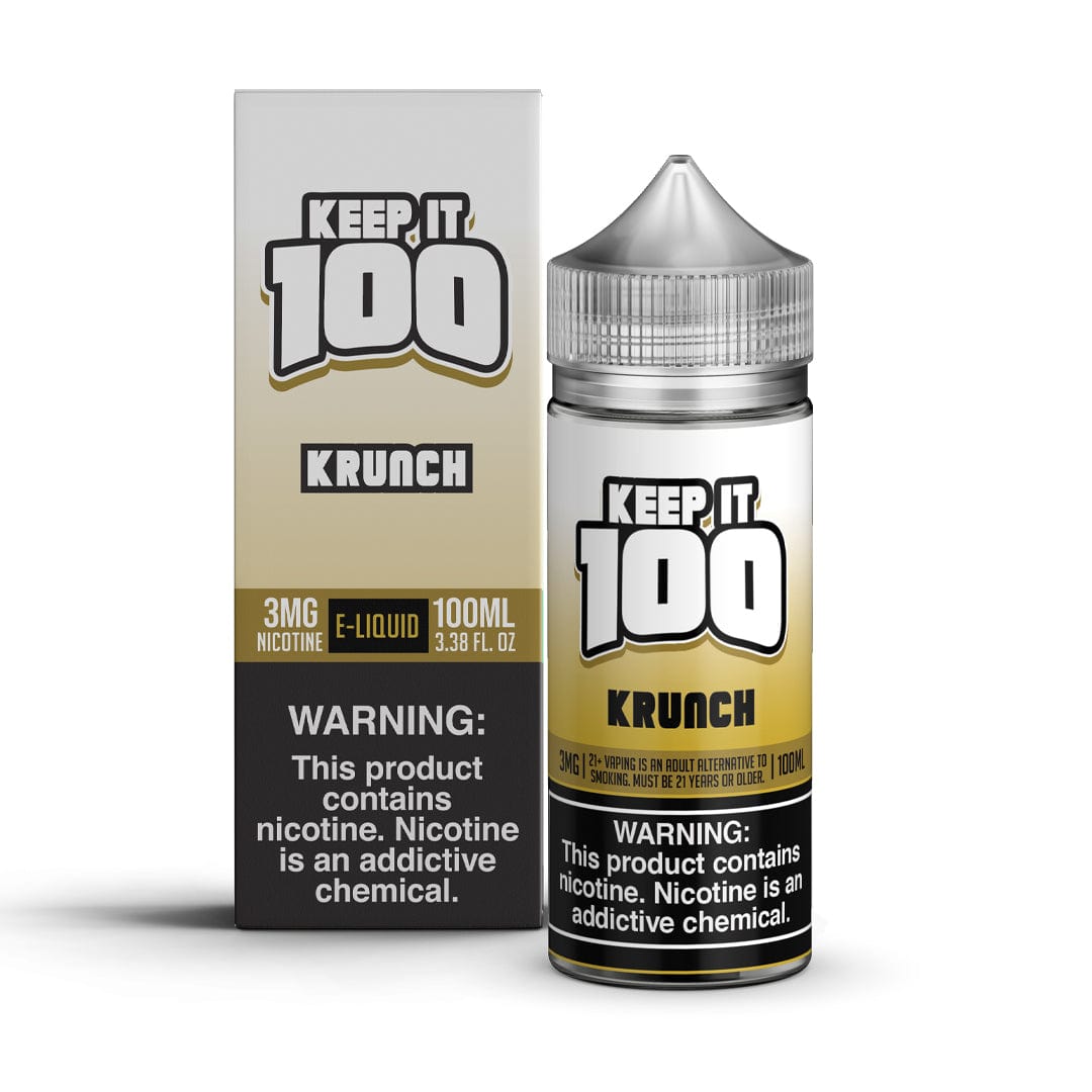 Keep It 100 FTC Krunch e-liquid bottle, 100mL with colorful label, designed for vaping enthusiasts.