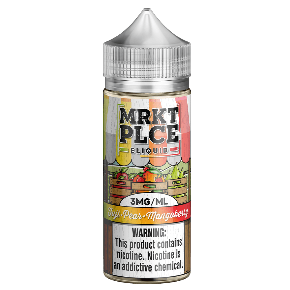 Fuji Pear Mangoberry E-liquid by MRKT PLCE in 100mL bottle, featuring fresh pear, mango, and berry flavor blend.