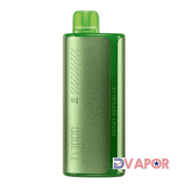 Funky Republic Ti7000 disposable vape with sleek black design and compact shape, featuring a mouthpiece and LED indicator.