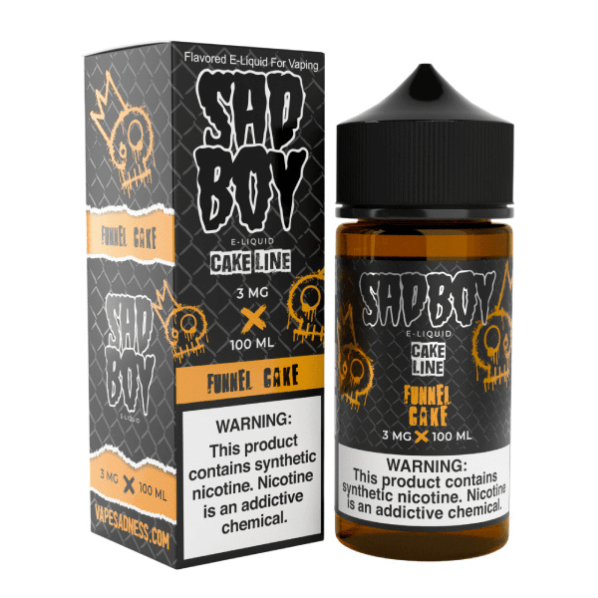 Sadboy Funnel Cake e-liquid 100mL bottle, featuring vibrant label with funnel cake flavor imagery and brand logo.