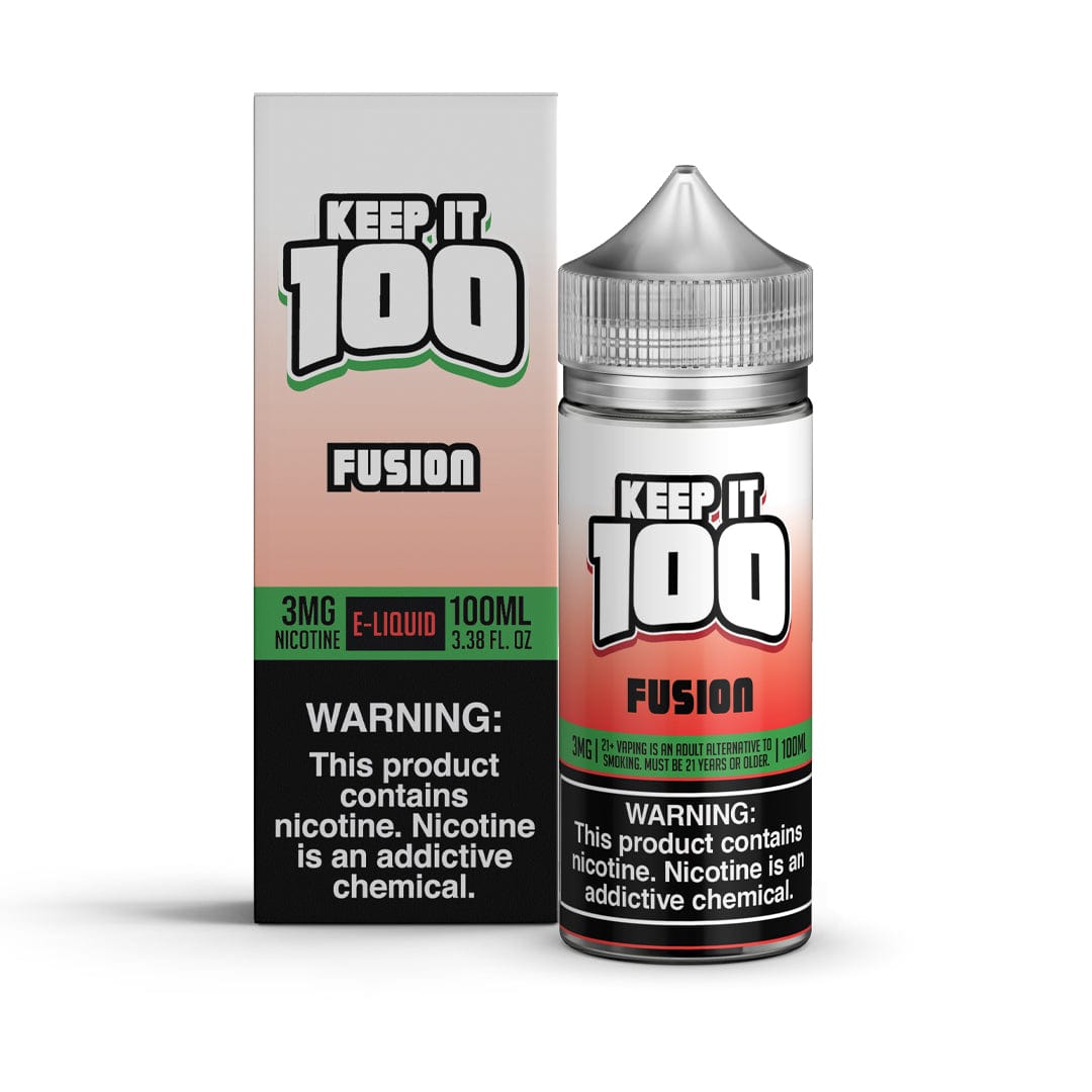 Fusion Keep It 100 100mL e-liquid bottle with colorful label and vape-friendly design, ideal for vaping enthusiasts.