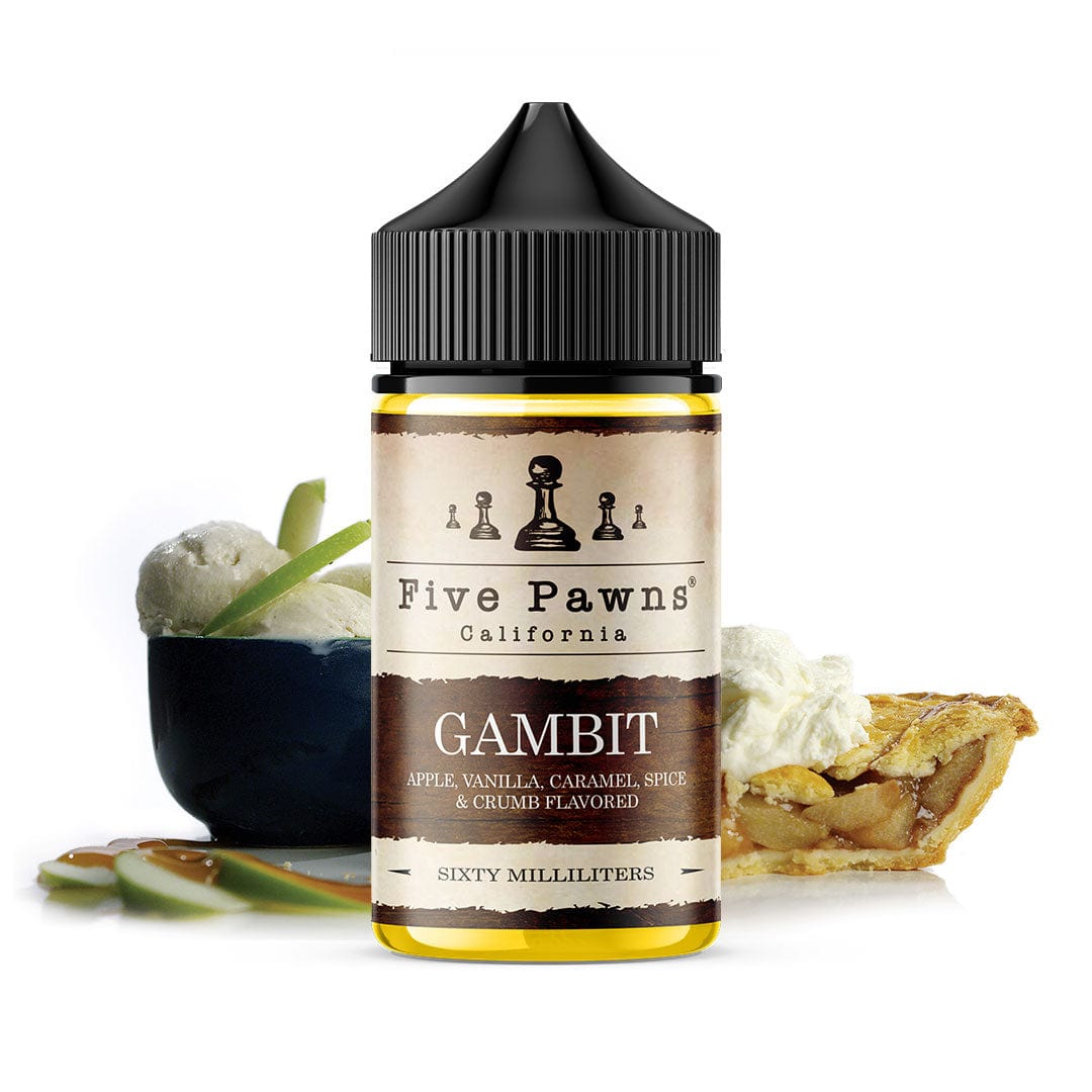 Gambit e-liquid by Five Pawns in a 60mL bottle, featuring vibrant packaging with a sleek design and colorful graphics.