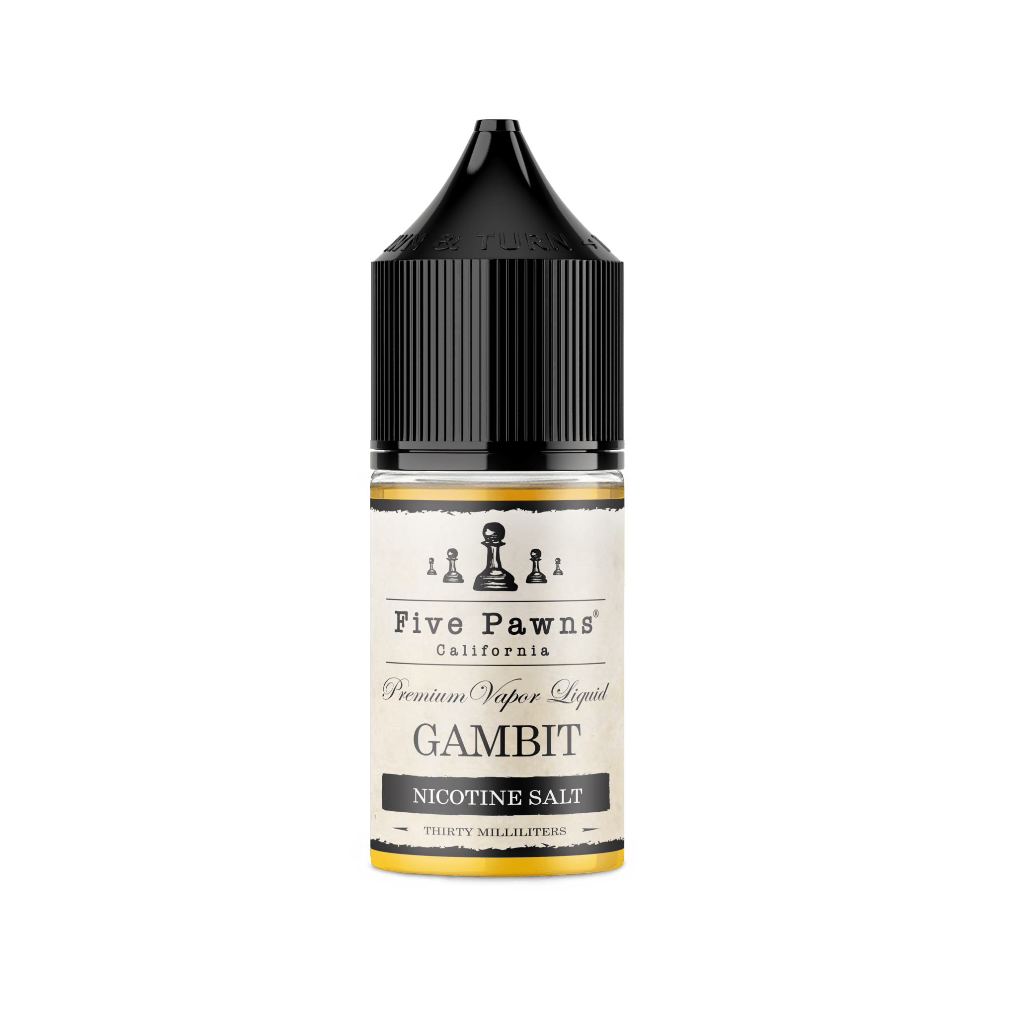 Gambit SALT e-liquid by Five Pawns in a 30mL bottle, with colorful packaging and branding visible.