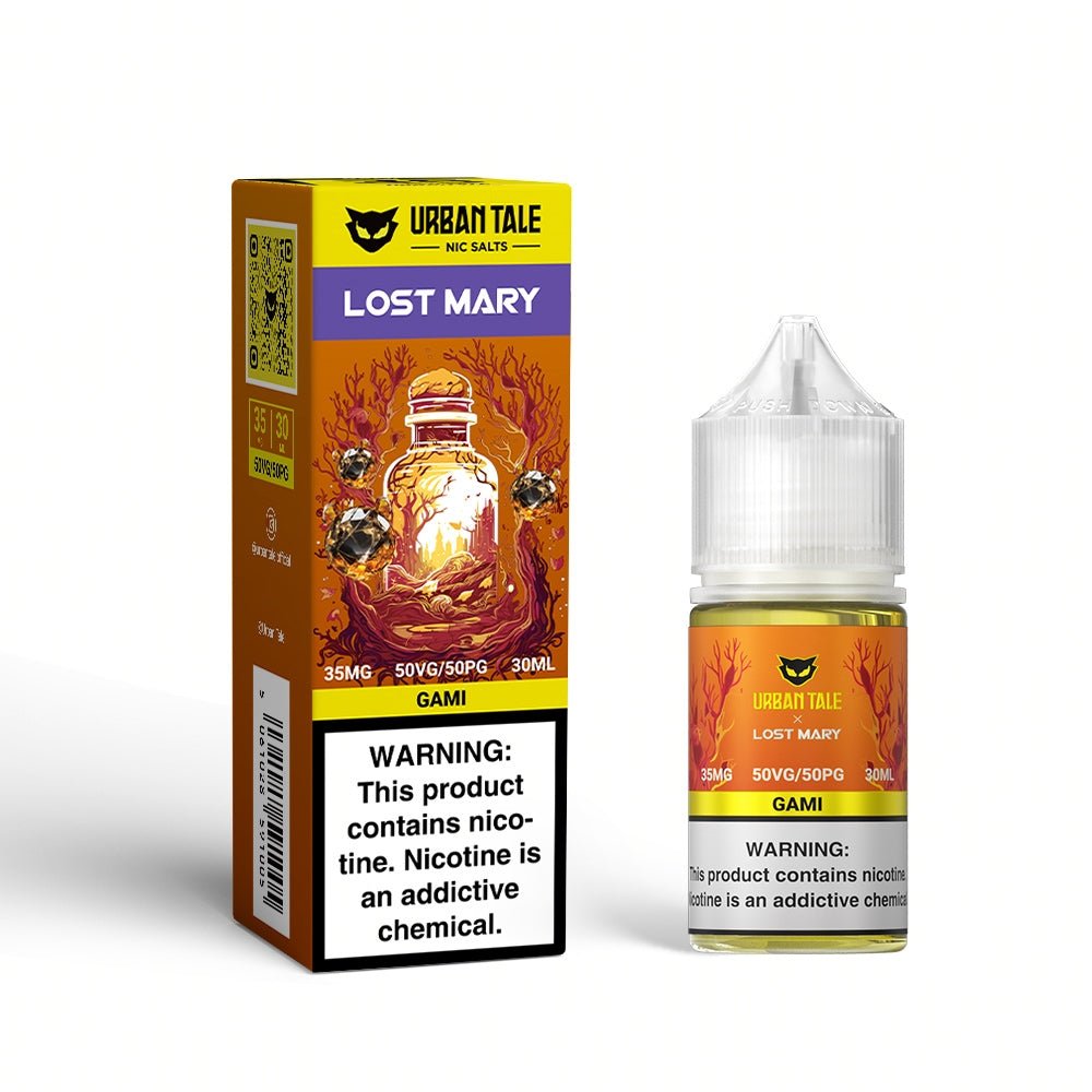 Urban Tale x Lost Mary Gami SALT e-liquid 30mL bottle, featuring colorful label design and dropper cap, on a white background.